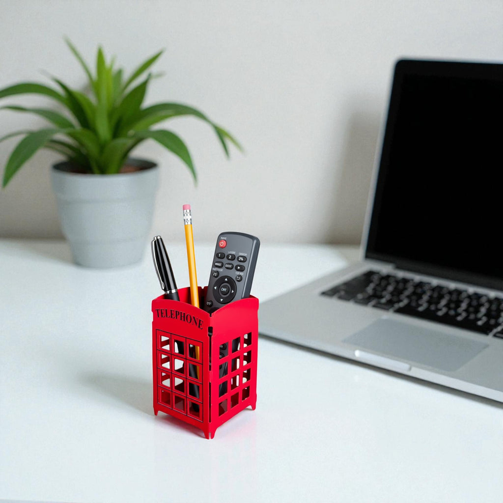 WAYHOME London Telephone Booth Pen Holder, red powder-coated mild steel desk organizer