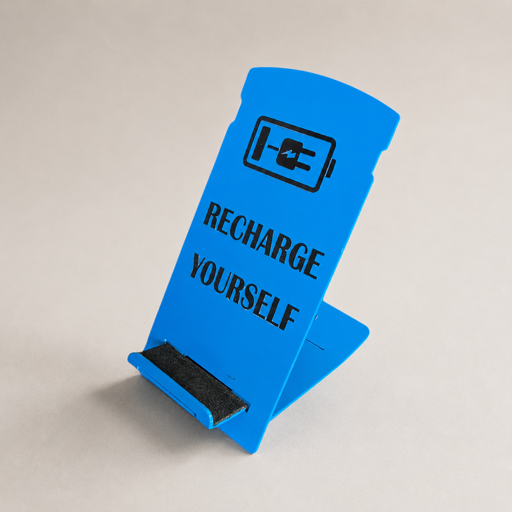 WAYHOME Mobile Stand – Recharge Yourself Edition, blue powder-coated mild steel phone & tablet stand