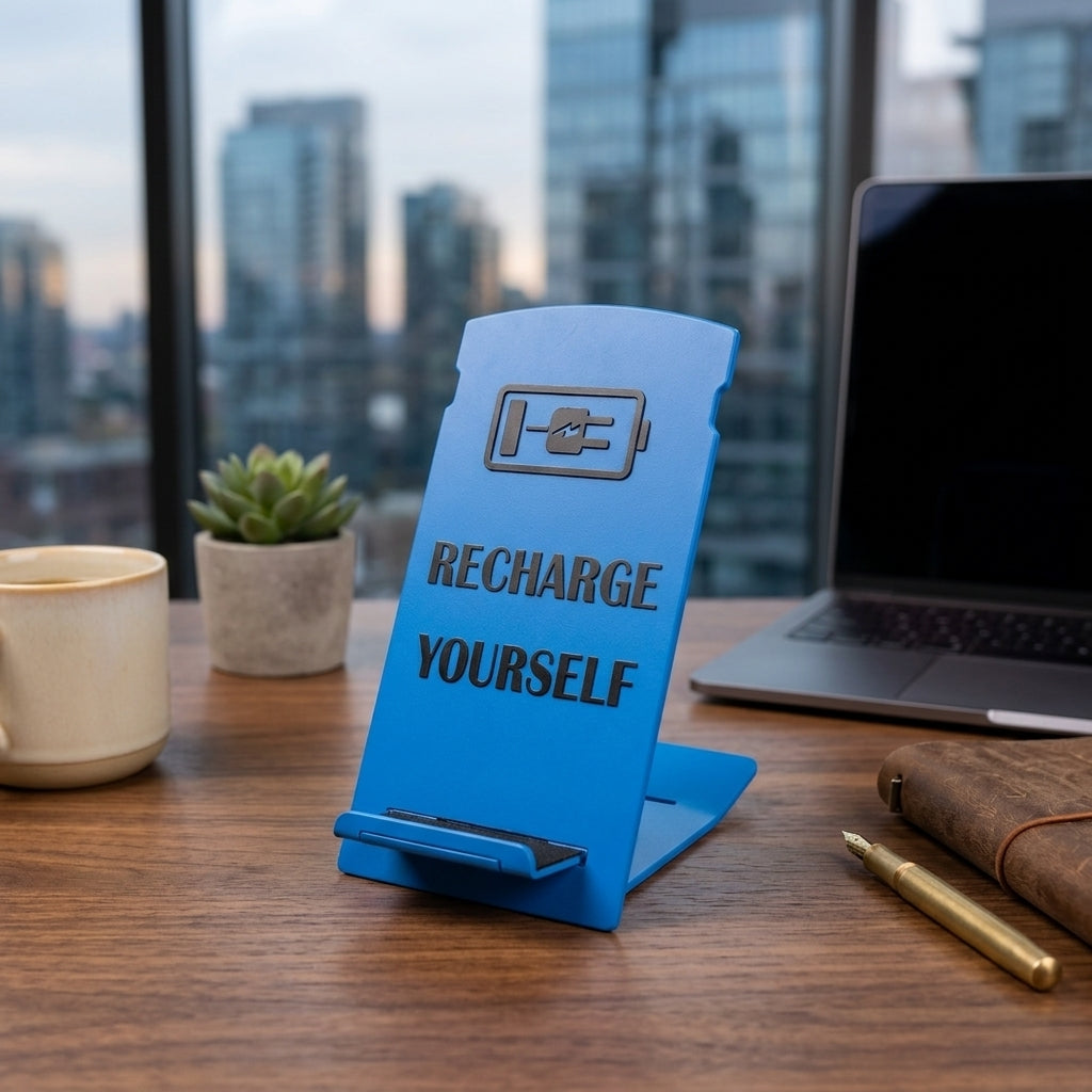 WAYHOME Mobile Stand – Recharge Yourself Edition, blue powder-coated mild steel phone & tablet stand