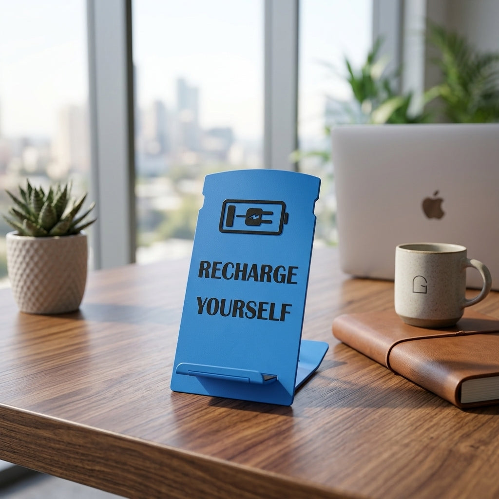 WAYHOME Mobile Stand – Recharge Yourself Edition, blue powder-coated mild steel phone & tablet stand